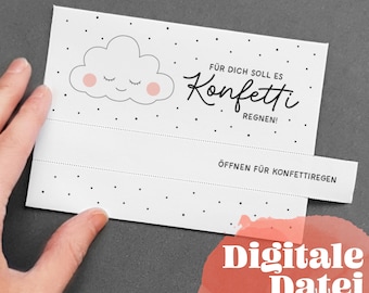 Paper envelope print template For you it shall rain CONFETTI Voucher Printable Birthday DIY Voucher cover to tear open Time instead of stuff