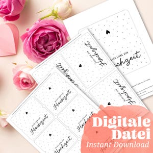 May include: White cards with black polka dots and the word "Hochzeit" in script, with a small heart. The cards are surrounded by pink roses and a pink heart-shaped decoration. The text "Digitale Datei Instant Download" is also visible.