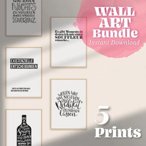 Plakat z napisami Handlettering Wall Art Wino i myśli 5 motywów Zestaw do wydrukowania w formacie A4 Indywidualna dekoracja ścienna Zestaw ręcznie rysowanych dzieł sztuki