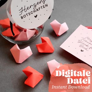 Print sjablonen "Origami harten met bericht & geschenk glazen hanger" Printbare, doe-het-zelf, vouwinstructies voor individuele partnercadeaus