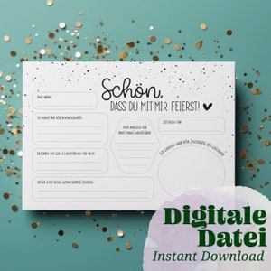 Geburtstag Fragebogen Druckvorlage 2 Versionen "SCHÖN, dass du mit mir feierst!" Printable zum selbst ausdrucken, Gästebuch