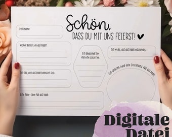 May include: A printable party game for a couple's celebration. The game asks guests to share their thoughts about the couple, including where they met, a creative tip for a good marriage, a word to describe the couple, and a date idea for the couple.