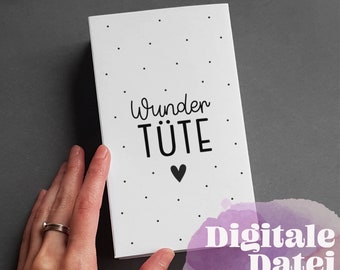 Könnte beinhalten: Eine weiße rechteckige Karte mit den Worten "Wunder TUTE" in schwarzer Schrift und einem schwarzen Herzen. Die Karte hat kleine schwarze Punkte, die über die Oberfläche verstreut sind. Die Wörter "Digitale Datei" und "Instant Download" sind ebenfalls sichtbar.
