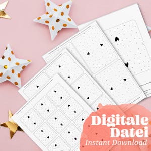 Puede incluir: Hojas imprimibles blancas con patrones de corazones y puntos negros se muestran sobre una superficie rosa, junto con decoraciones de papel en forma de estrella. El texto "Digitale Datei Instant Download" es visible en la esquina inferior derecha.
