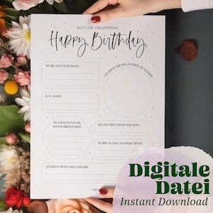 Verjaardag humoristische vragenlijst print sjabloon en voorblad "HAPPY BIRTHDAY" Afdrukbaar om af te drukken, gastenboek, herinneringsalbum