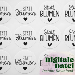 Plantilla de impresión DIY etiqueta de regalo adhesiva EN LUGAR DE FLORES Producto digital para papel adhesivo decoración de regalos pegatinas redondas 40 mm gracias