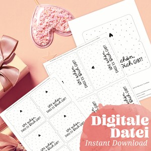 May include: A collection of printable cards with the text "WIE schön, DASS ES Dich GIBT!" and a small heart. The image also includes a heart-shaped decoration filled with pink glitter, a gift box, and the words "Digitale Datei Instant Download".