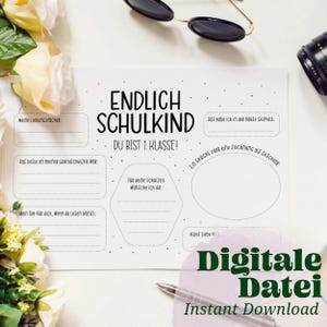 Libro de visitas de celebración de la inscripción escolar ¡POR FIN UN NIÑO ESCOLAR! Estás en 1er grado Plantilla imprimible de cuestionario de portada para el inicio de clases de los alumnos de primer grado.
