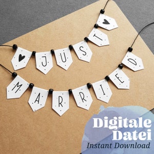 Vorlage "Just Married Buchstaben MINI WIMPELKETTE" Printable, Digitales Produkt, für Karten und Kuchendekoration, Caketopper, Hochzeit