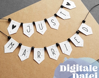 "Just Married Letters MINI Pennant Banner" Template - Printable Digital Product for Cards and Cake Decoration, Cake Topper, Wedding