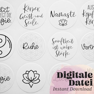 Modello di stampa adesivo regalo mantra detti NAMASTE Yoga prodotto digitale fai da te per carta adesiva o per ritagliare adesivi rotondi 40 mm