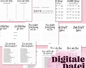 May include: A digital printable set of bridal shower games. The games include "Hochzeits ABC", "Gute Ratschläge für Dich", "Meine liebste Erinnerung mit Dir", "Date Night Ideen", "Wer kennt die Braut am besten?", "Dies oder Das", and "Was weißt Du über die Hochzeit?"
