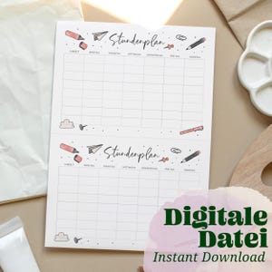 May include: Printable weekly schedule template with the title "Stundenplan" in German. The template has two sections with spaces for time, Monday, Tuesday, Wednesday, Thursday, Friday, and Saturday. The template is decorated with drawings of paper aeroplanes, pushpins, and pens.