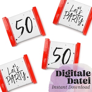 May include: Four printable digital files for a 50th birthday party. Two files feature the number 50 in black script on a white background with red borders. Two files feature the text "Let's Party" in black script on a white background with red borders.