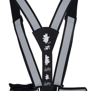 May include: A black and gray reflective safety vest with adjustable straps and a waist belt. The vest features a white graphic of Moomin characters on the front. The text "MOOMIN" is printed in red on the waist belt.