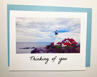 THINKING of you, note card, set of 10, handmade, greeting card, stationery, paper goods, Maine, lighthouse, art, travel, ocean