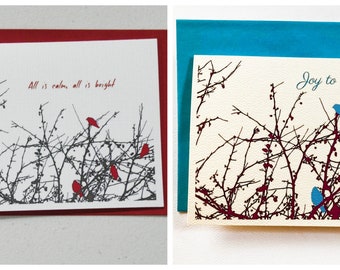 Christmas Greetings, note card, holidays, new year, stationery, paper goods, party supplies, handmade, solstice, birds, art