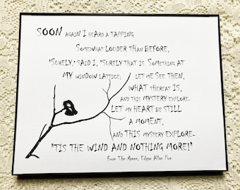 Wall Art, Edgar Allan Poe Framed Print, The Raven Poem, Gothic Literature, black and white