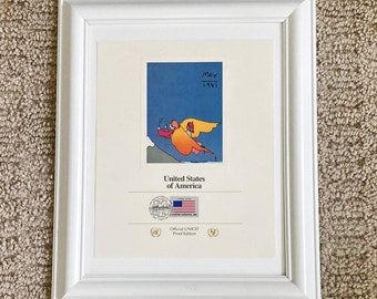 PETER MAX Vintage limited edition Unicef proof, lithograph, art, vintage, 1980s, 14x11 frame, USA, stamp, collectibles, home decor