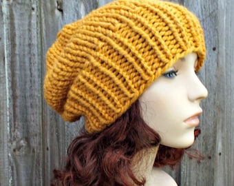 Hand Knit Beanie, Chunky Knit Hat, Womens Hat, Mens Hat, Winter Hat, Knit Cap, Slouchy Hat, Adaline Slouchy Beanie, Mustard Yellow
