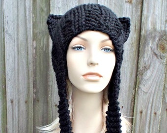 Cat Hat, Chunky Knit Hat, Mens Hat, Womens Hat, Mens Hat, Winter Hat, Ear Flap Hat, Cat Beanie, Knit Beanie, Knit Cap, Black