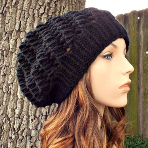 Chunky Knit Hat, Womens Hat, Mens Hat, Winter Hat, Knit Beanie, Knit Cap, Slouchy Hat, Slouchy Beanie, Cyclone Beret, Black