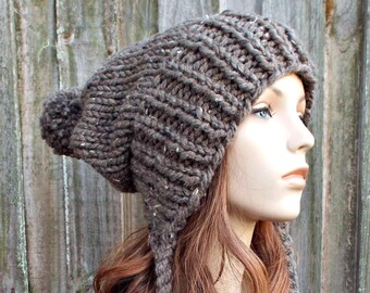 Chunky Knit Hat, Womens Hats, Mens Hats, Winter Hat, Knit Beanie, Knit Cap, Slouchy Beanie with Pom Pom, Slouchy Hat, Barley Brown