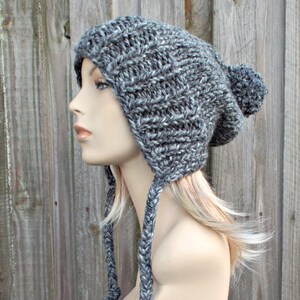 Hand Knit Slouchy Hat, Pom Pom Hat, Chunky Knit Hat, Womens Hat, Mens Hat, Knit Beanie, Knit Cap, Charlotte Slouchy Beanie, Licorice Grey