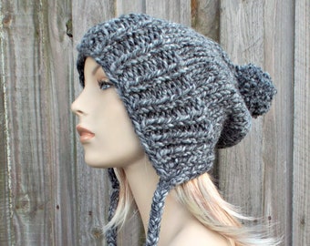 Hand Knit Slouchy Hat, Pom Pom Hat, Chunky Knit Hat, Womens Hat, Mens Hat, Knit Beanie, Knit Cap, Charlotte Slouchy Beanie, Licorice Grey