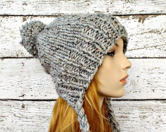Slouchy Hat, Chunky Knit Hat, Womens Hat, Mens Hat, Winter Hat, Knit Beanie, Knit Cap, Pom Pom Hat, Charlotte Slouchy Beanie, Grey Marble