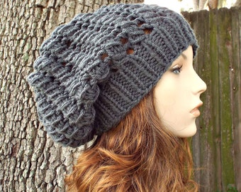 Hand Knit Beanie, Knit Hat, Womens Hat, Mens Hat, Winter Hat, Slouchy Beanie, Slouchy Hat, Knit Cap, Cyclone Beanie, Grey