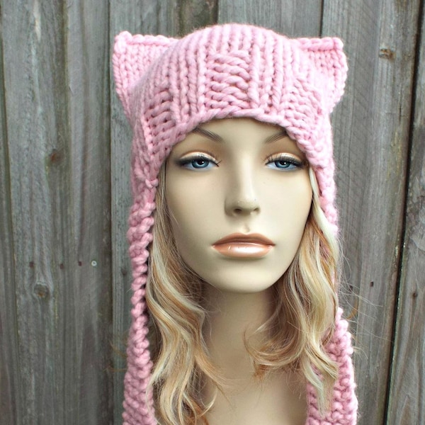 Chunky Knit Hat, Womens Hat, Mens Hat, Winter Hat, Knit Cat Hat, Ear Flap Cat Hat, Earflap Hat, Hat with Ears, Pink Pussyhat, Blossom Pink
