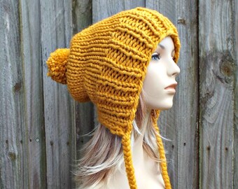 Hand Knit Slouchy Beanie, Chunky Knit Hat, Womens Hat, Mens Hat, Winter Hat, Knit Beanie, Knit Cap, Charlotte Slouchy Hat, Mustard