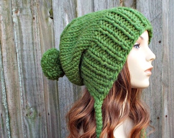 Chunky Knit Hat, Womens Hat, Mens Hat, Winter Hat, Knit Beanie, Knit Cap, Slouchy Beanie, Ear Flap Hat, Charlotte Slouchy Hat, Grass Green