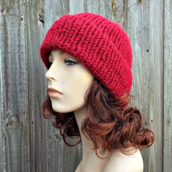 Chunky Knit Hat, Womens Hat, Mens Hat, Winter Hat, Knit Beanie, Knit Cap, Double Thick Brim Beanie, Delphine Knit Beanie, Cranberry Red