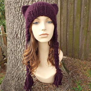 Purple Cat Ear Hat, Cat Hat, Chunky Knit Hat, Womens Hat, Mens Hat, Winter Hat, Knit Beanie, Knit Cap, Cat Beanie