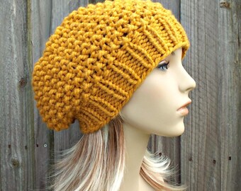 Hand Knit Mustard Yellow Slouchy Beret, Chunky Knit Winter Hat