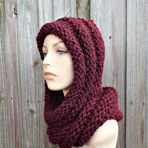 Hooded Neckwarmer, Hooded Scarf Hat, Wrap Hood, Knit Hat, Knit Scarf, Womens Hat, Winter Hat, Neck Warmer, Gretel Hood, Claret Burgundy