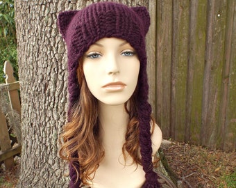 Purple Cat Ear Hat, Cat Hat, Chunky Knit Hat, Womens Hat, Mens Hat, Winter Hat, Knit Beanie, Knit Cap, Cat Beanie