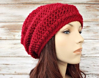 Slouchy Winter Hats, Crochet Hat, Womens Hat, Mens Hat, Slouchy Beanie, Crochet Beanie, Crochet Cap, Penelope Slouchy Hat, Cranberry Red