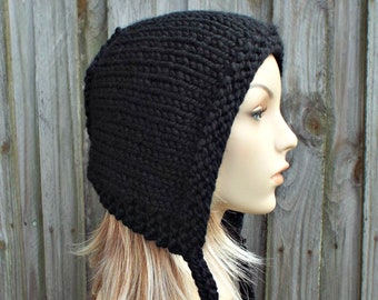 Chunky Knit Adult Bonnet, Womens Winter Hat, Knitted Hood with Ties, Knit Hat, Womens Hat, Winter Hats, Aviator Hat, Black