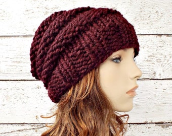 Hand Knit Beanie, Chunky Knit Hat, Womens Hat, Mens Hat, Winter Hat, Knit Cap, Beehive Beanie, Claret Burgundy