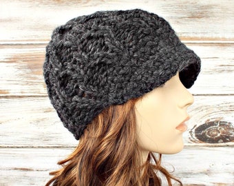 Chunky Knit Hat, Womens Hat, Mens Hat, Winter Hat, Cable Knit Hat, Newsboy Hat, Amsterdam Cable Beanie with Brim, Charcoal Grey