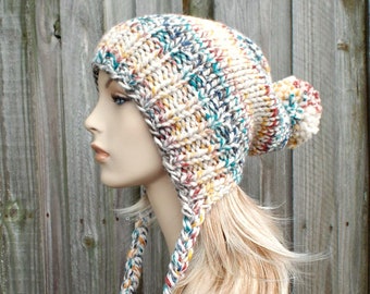 Slouchy Hat, Womens Hat, Ear Flap Hat, Slouchy Beanie, Cream Multicolor Hudson Bay, Charlotte Slouchy Knit Hat, Rainbow Hat, Rainbow Beanie