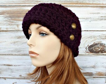 Crochet Hat, Womens Hat, Mens Hat, Winter Hat, 1920s Flapper Hat, Garbo Cloche Hat, Crochet Beanie, Crochet Cap, Eggplant Purple