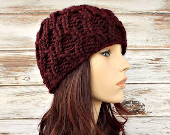 Chunky Knit Hat, Womens Hat, Mens Hat, Winter Hat, Cable Knit Hat, Knit Beanie, Knit Cap, Amsterdam Cable Beanie, Claret Burgundy