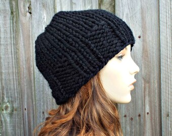 Mens Womens Chunky Knit Winter Beanie Hat- Ribbed Brim Skullcap Black