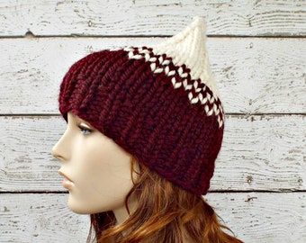 Chunky Knit Hat, Womens Hat, Mens Hat, Winter Hat, Gnome Hat, Elf Hat, Knit Cap, Pixie Beanie, Burgundy and Cream