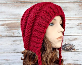 Knit Accessories, Chunky Knit Hat, Womens Hat, Mens Hat, Winter Hat, Knit Hood, Knit Bonnet, Georgette Beehive Bonnet, Cranberry Red