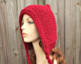 Hand Knitted Hat, Womens Pixie Hat, Chunky Knit Hat, Earflap Hat, Winter Hat, Knit Hood, Short Point Pixie Hood, Cranberry Red